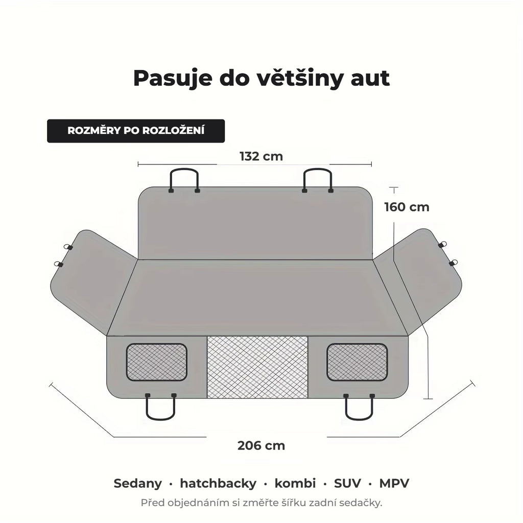 Rozměry potahu po rozložení: 132 × 160 cm, vpředu 206 cm